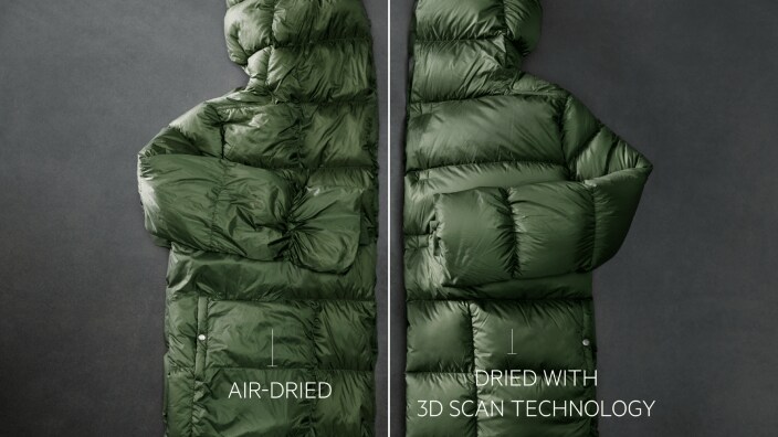 Close-up of green down jacket.